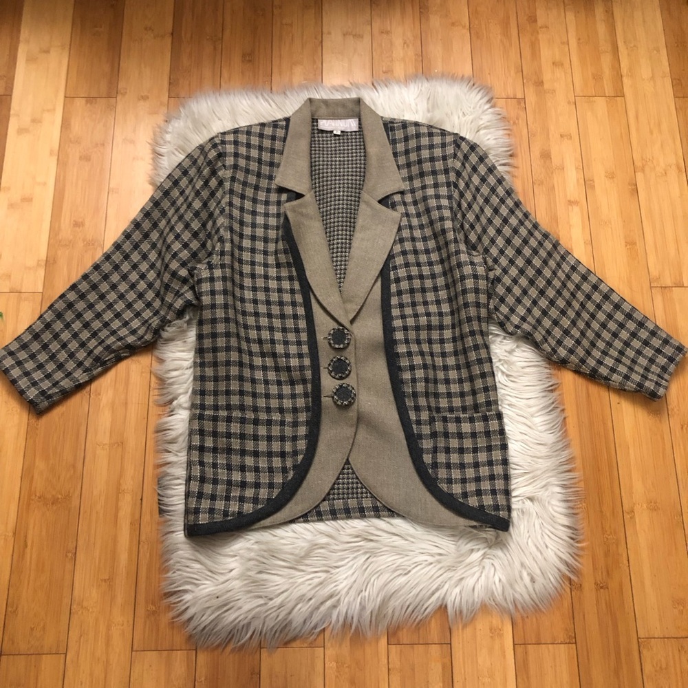 Vintage Platinum Dorothy Schoelen Wool Rabbit Hair Plaid Taupe Black Blazer L